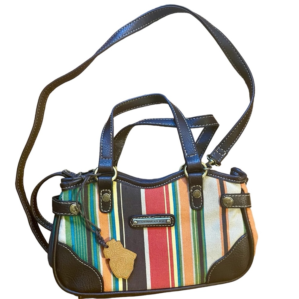 CARIBBEAN JOE (NWT) brown leather & multicolor striped canvas shoulder bag CUTE!